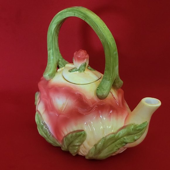 Ceramic Pink Flower and Leaves Tea Pot with Lid - Picture 4 of 13